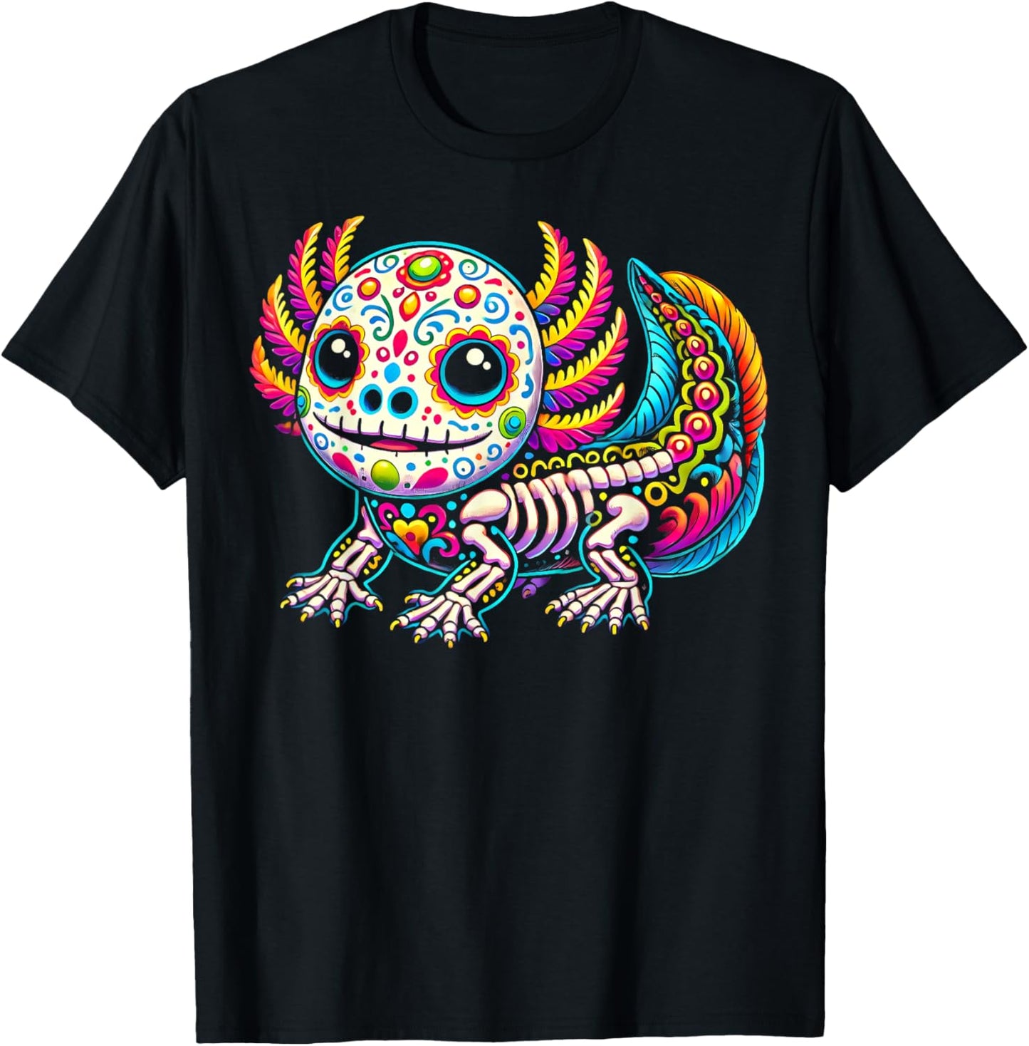 Colorful Axolotl Día de Muertos Sugar Skull Day of the Dead T-Shirt - T-Shirt | Black