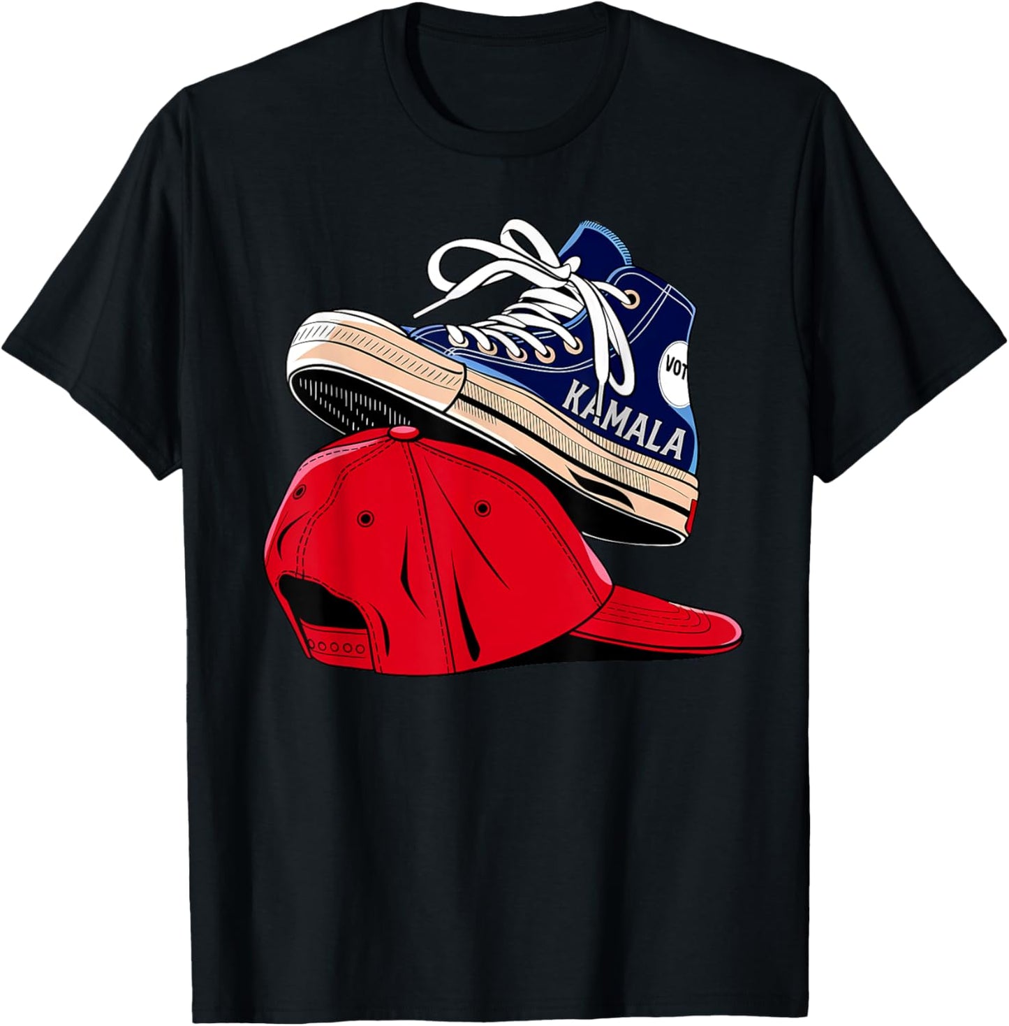 Kamala Harris High Heel Shoes Stepping On Red Hat Funny Vote T-Shirt - T-Shirt | Black