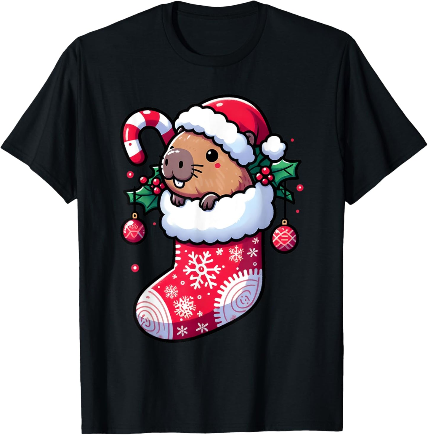 Cute Capybara Wearing Santa Hat in Christmas Stocking Pajama T-Shirt - T-Shirt | Black
