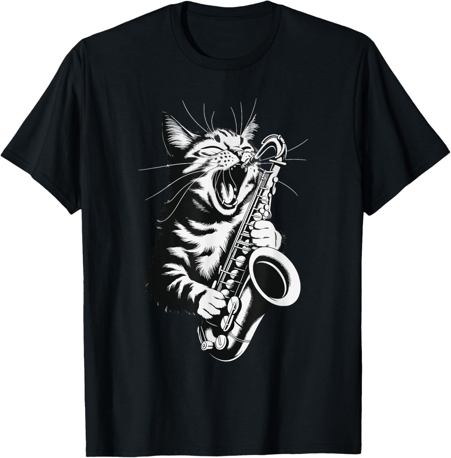 Cat Playing Saxophone Men Women Girls Kids T-Shirt - T-Shirt | Black