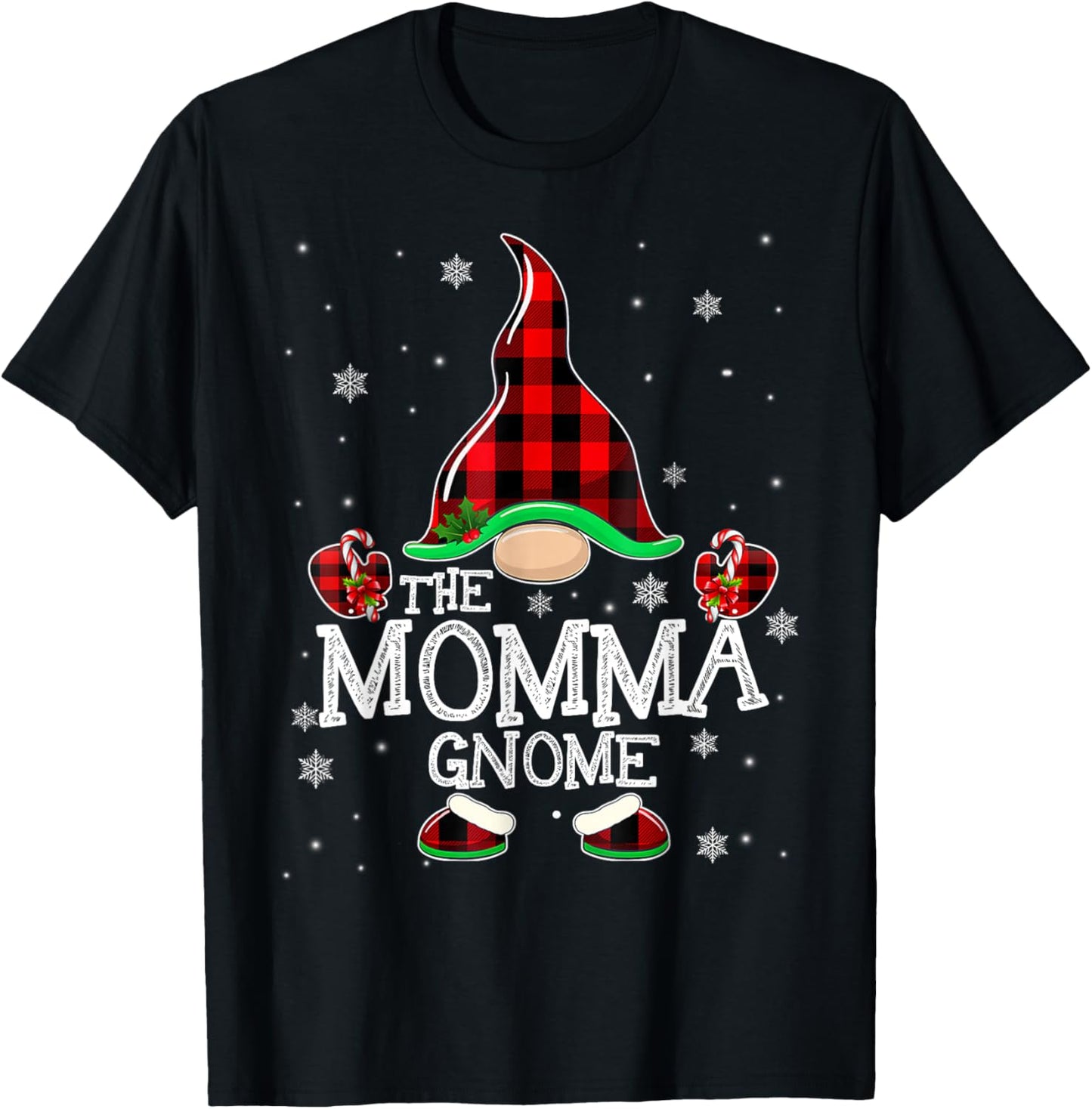 Momma Gnome Buffalo Plaid Matching Family Christmas Pajama T-Shirt - T-Shirt | Black