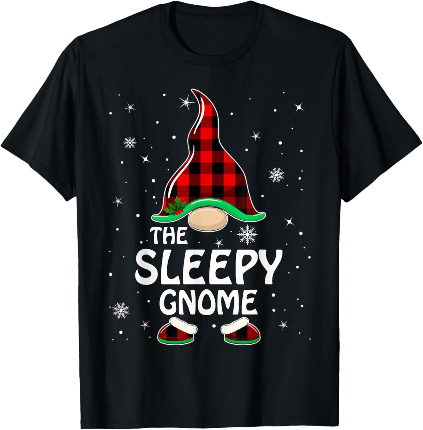 Sleepy Gnome Buffalo Plaid Matching Family Christmas Pajama T-Shirt - T-Shirt | Black
