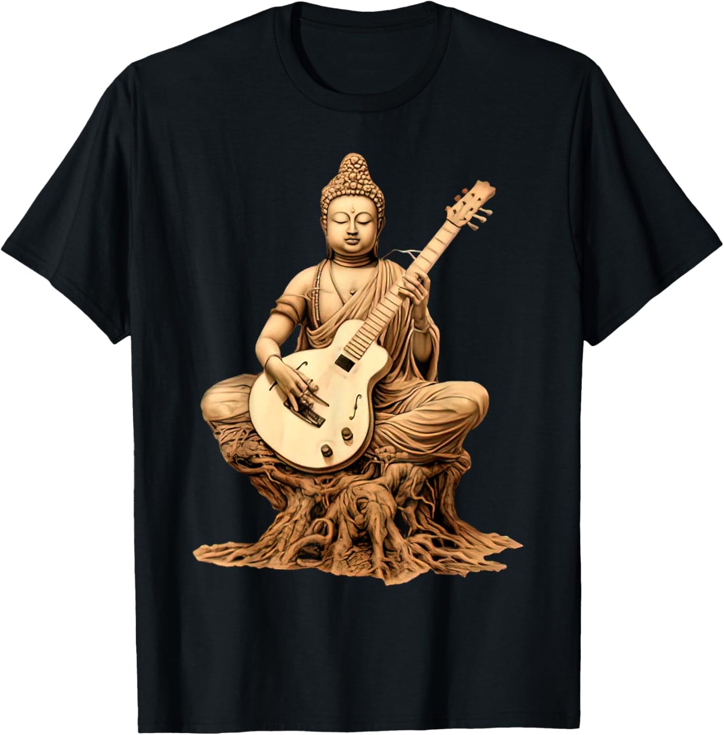 Vintage Buddha Playing Guitar Yoga Buddhist Yogi Music Lover T-Shirt - T-Shirt | Black