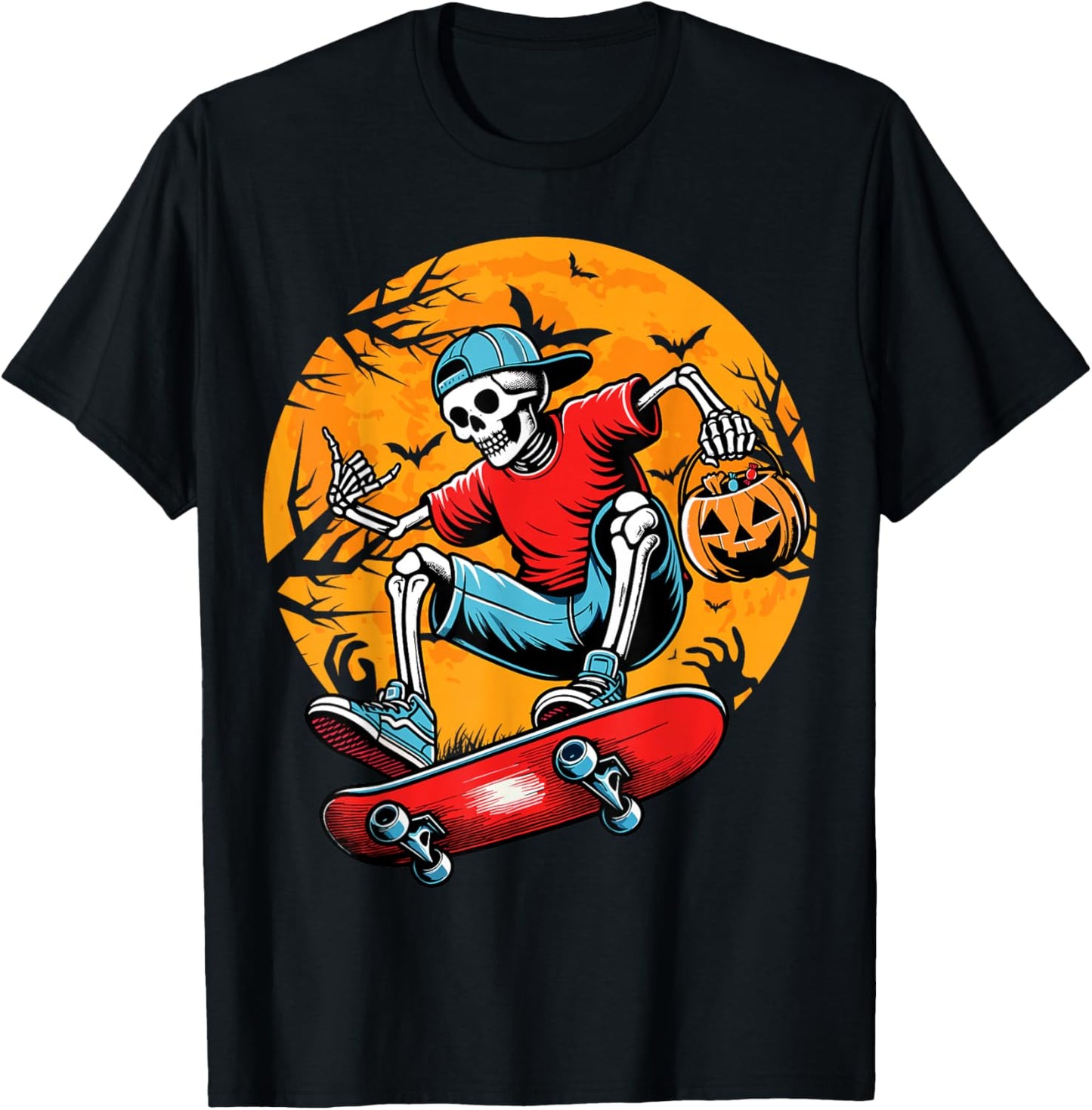 Skateboarding Skeleton Pumpkin Funny Skateboard Halloween T-Shirt - T-Shirt | Black
