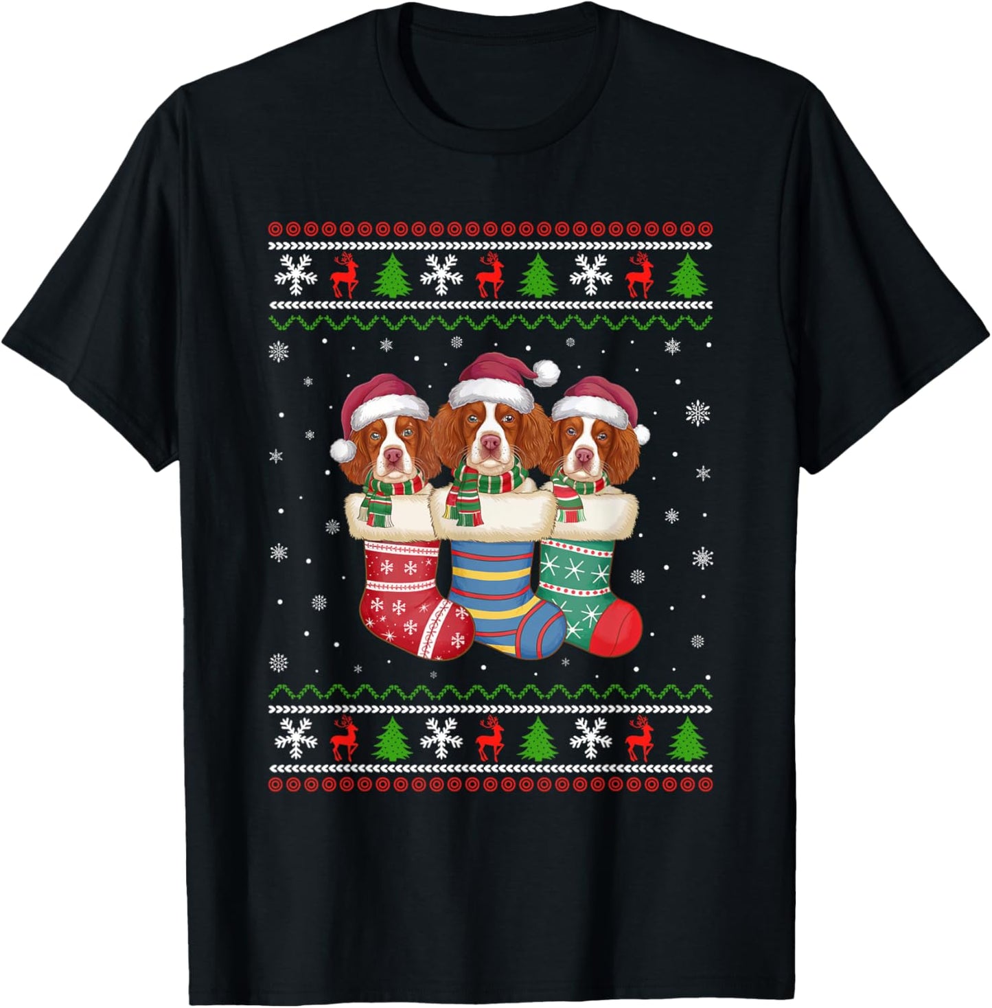 Ugly Xmas Sweater Brittany Spaniel Dog In Christmas Socks Men Women Kids T-Shirt - T-Shirt | Black