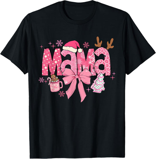 Cute Coquette Bow Pink Mama Christmas Tree Merry Xmas Family T-Shirt - T-Shirt | Black