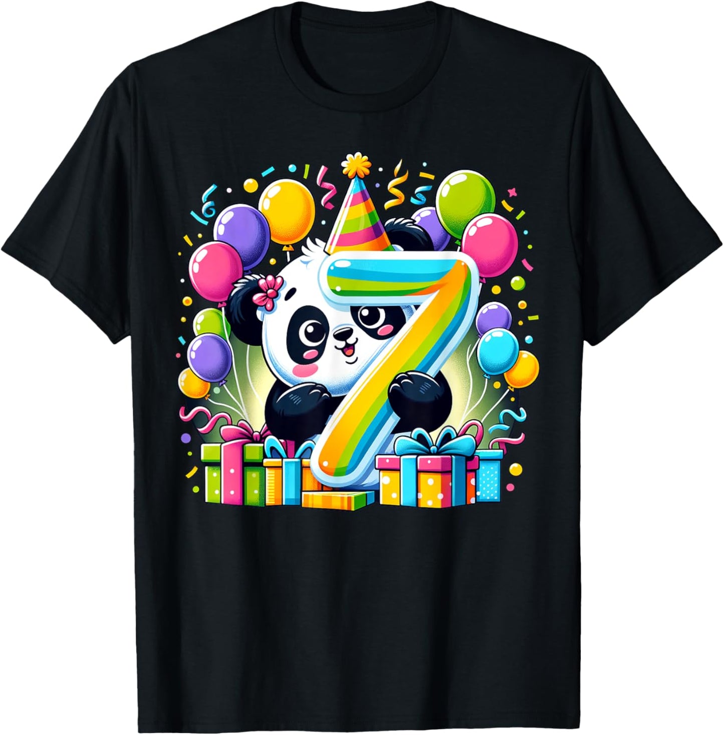 Kids Panda Theme seventh Bday Party 7th Panda Birthday T-Shirt - T-Shirt | Black