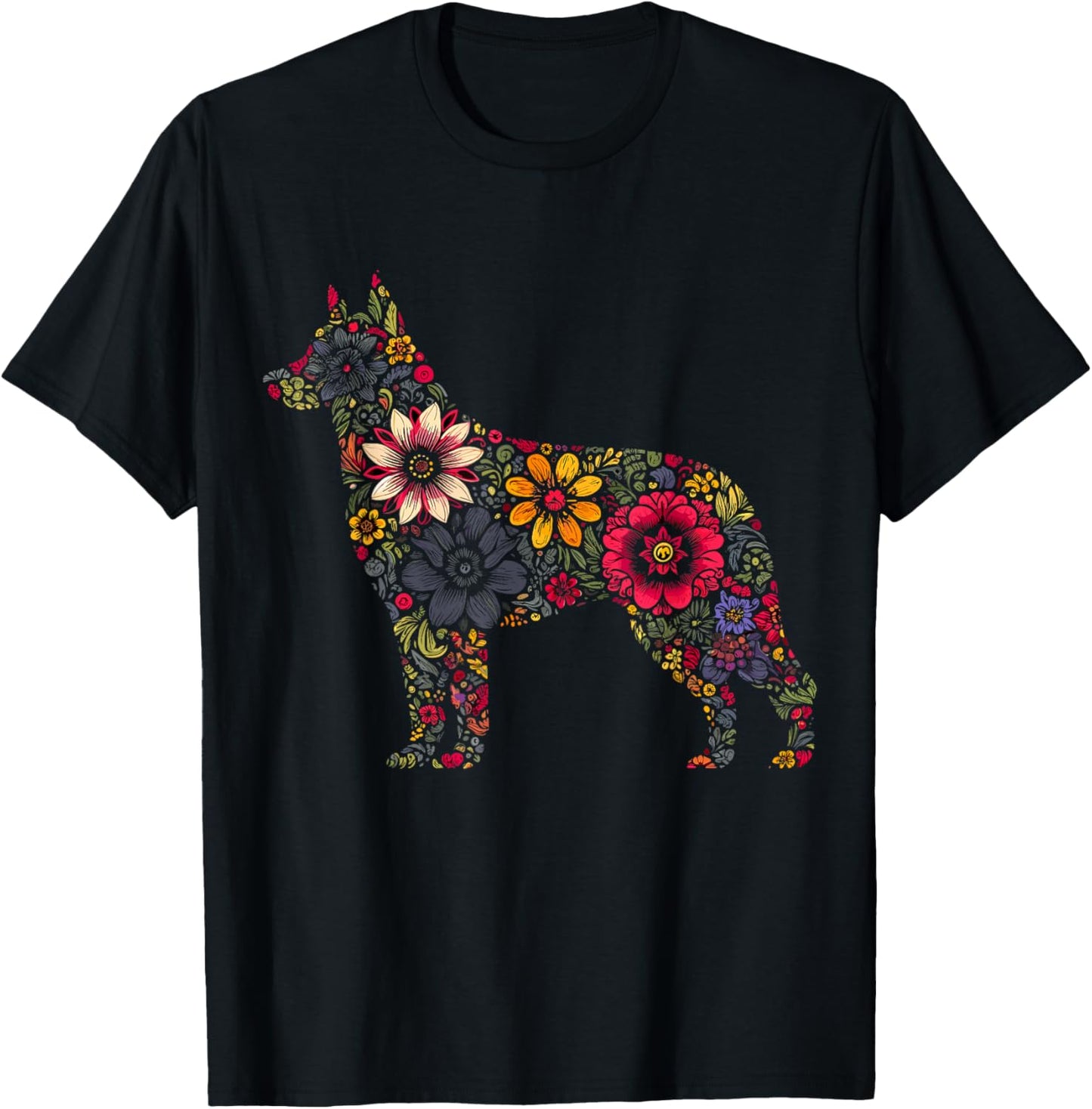 Floral German Shepherd T-Shirt - T-Shirt | Black