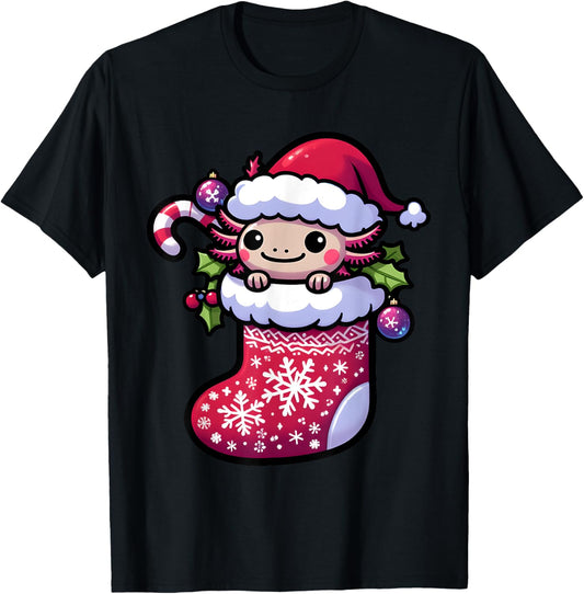 Cute Christmas Candy Cane Santa Axolotl in Xmas Stocking T-Shirt - T-Shirt | Black