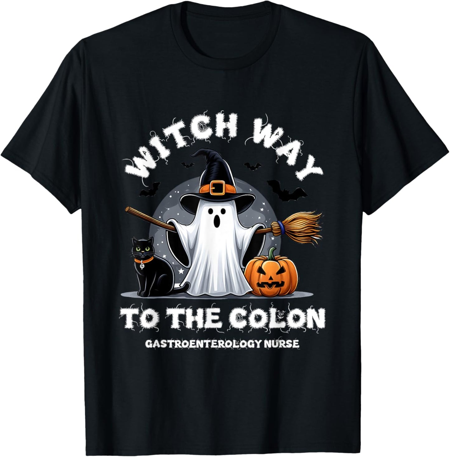 Gastroenterology Nurse Witch Way To The Colon Surprise Ghost T-Shirt - T-Shirt | Black