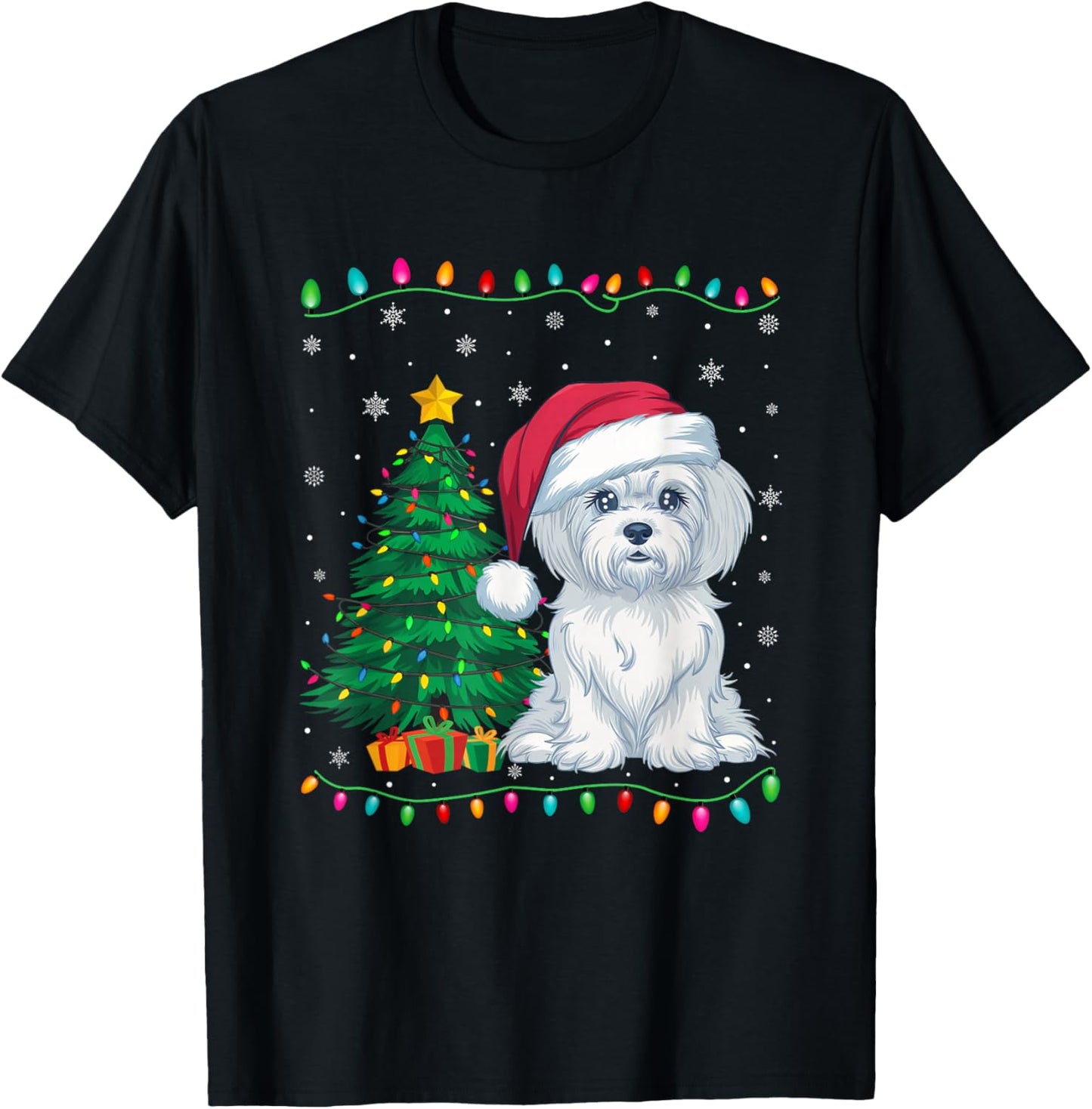 Maltese Dog Santa Hat Men Women Kids Christmas Tree Lights T-Shirt - T-Shirt | Black