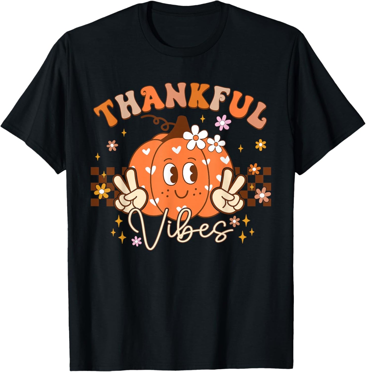 Retro Groovy Fall Pumpkin Peace Thanksgiving Women Girls T-Shirt - T-Shirt | Black