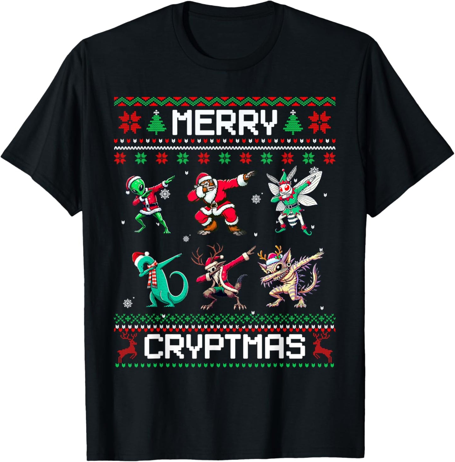 Merry Cryptmas Dabbing Cryptid Ugly Christmas Sweater T-Shirt - T-Shirt | Black