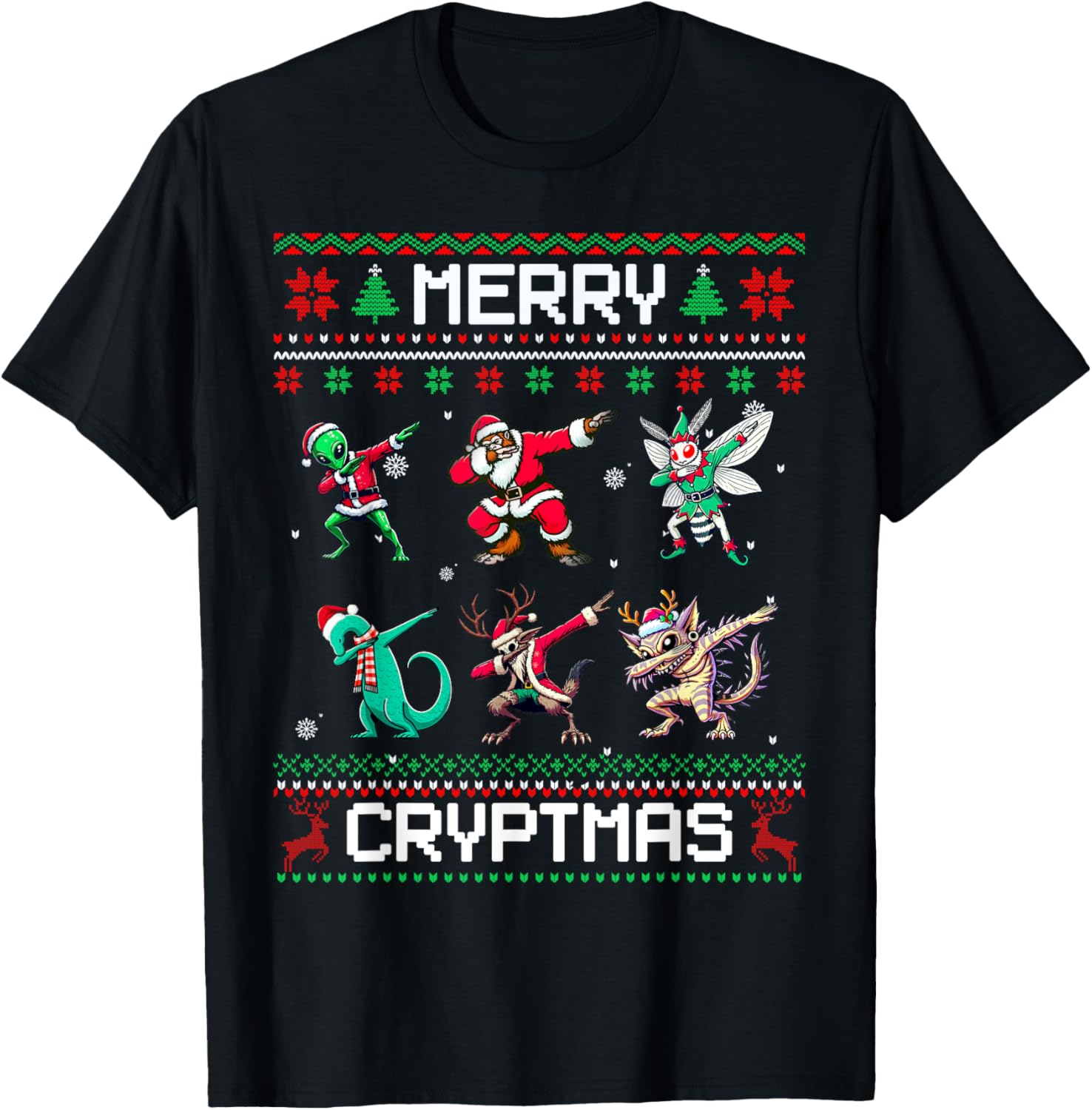 Merry Cryptmas Dabbing Cryptid Ugly Christmas Sweater T-Shirt - T-Shirt | Black