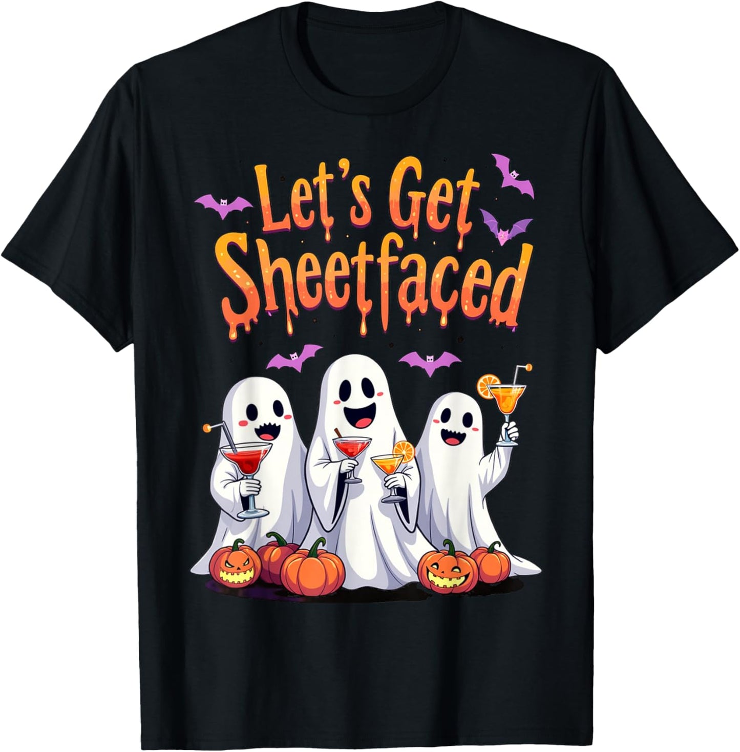 Let's Get Sheet Faced Cute Funny Ghost Drinking Halloween T-Shirt - T-Shirt | Black