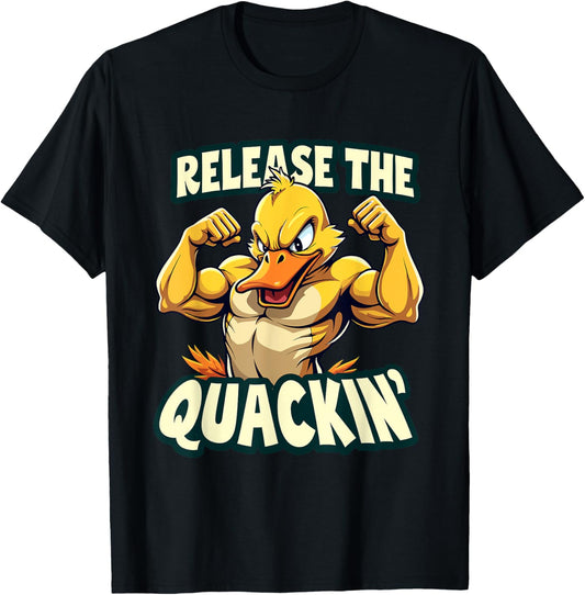 Funny Muscular Duck Release The Quackin’ Gym Weightlifting T-Shirt - T-Shirt | Black