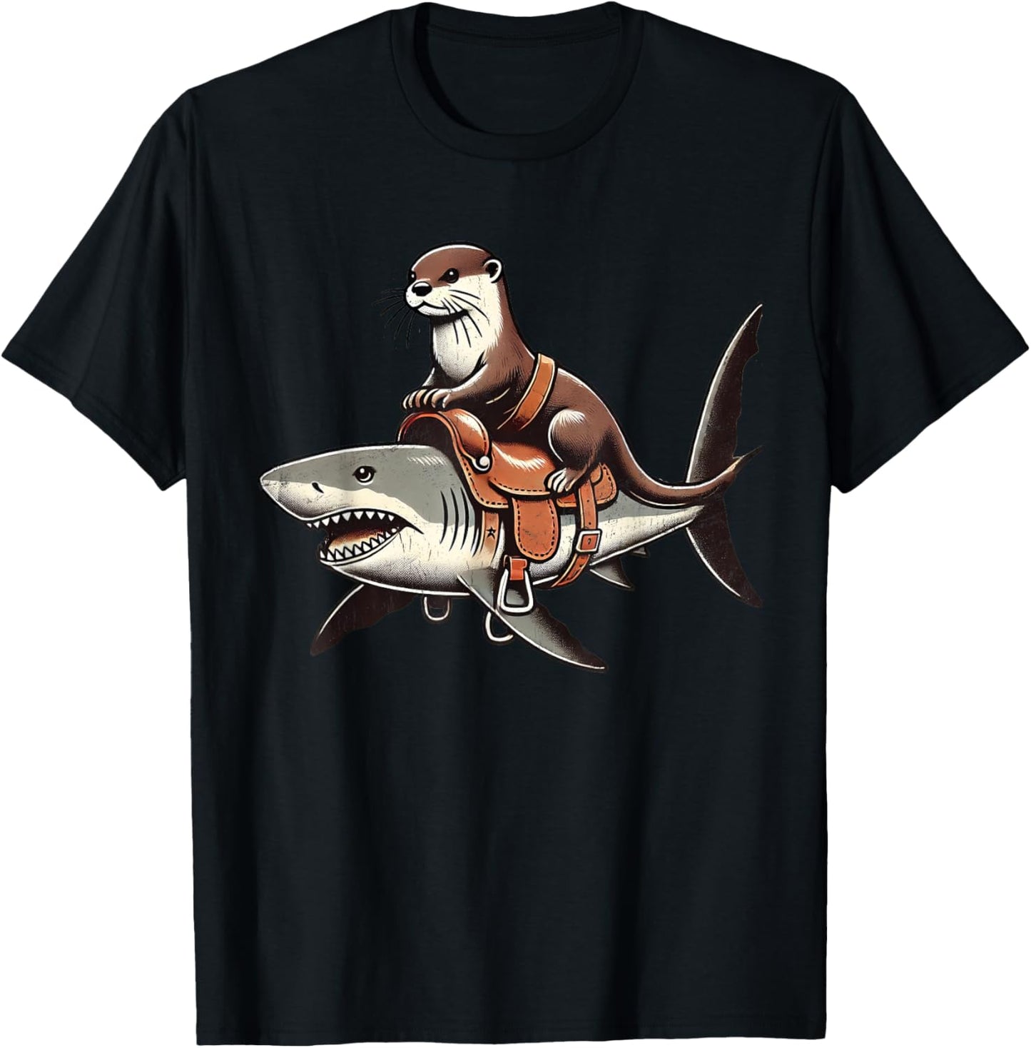 Vintage Funny Otter Art Retro Distressed Otter Riding Shark T-Shirt - T-Shirt | Black