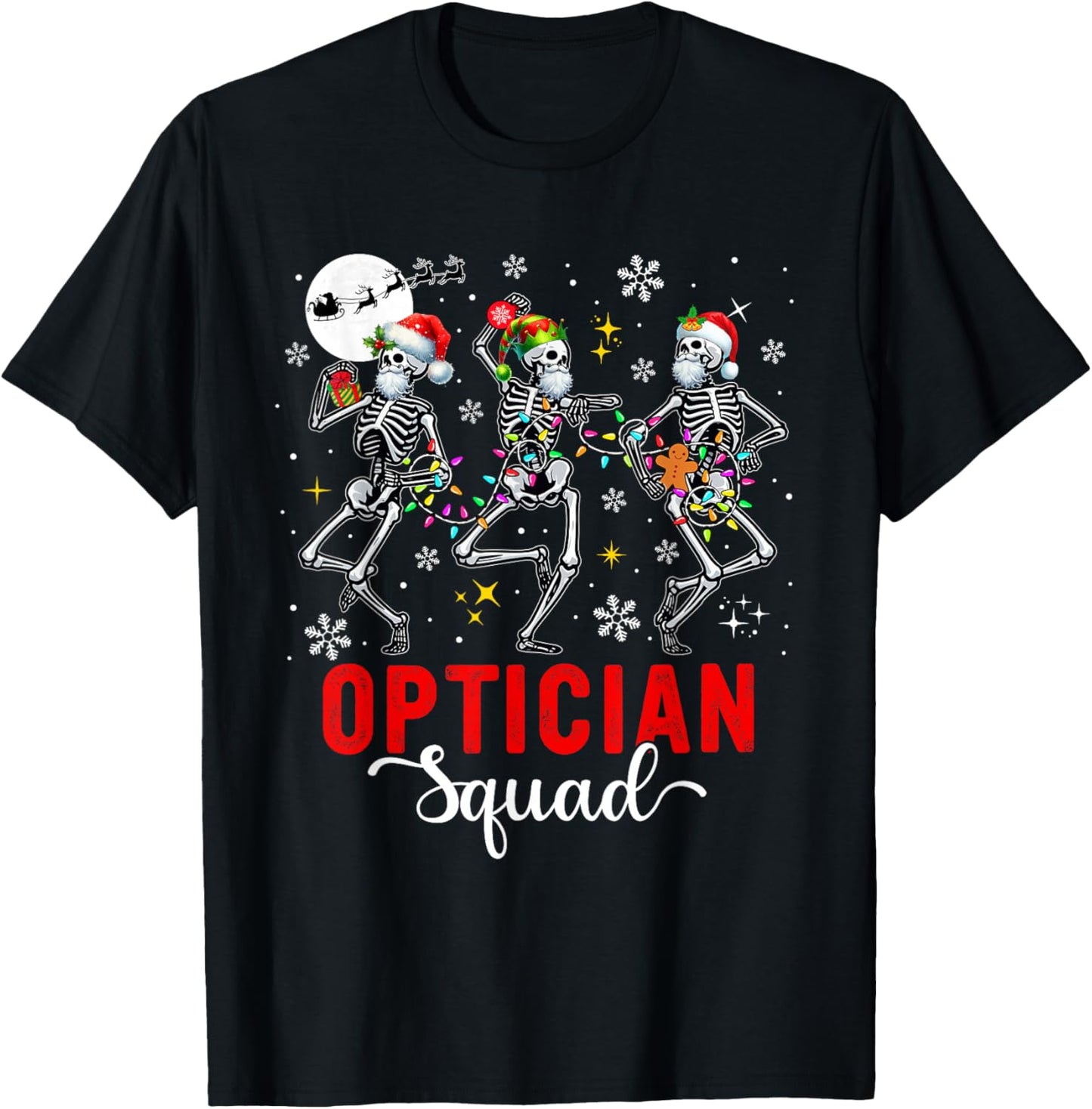 Optician Squad Job Three Santa Elf Skeletons Xmas Dancing T-Shirt - T-Shirt | Black