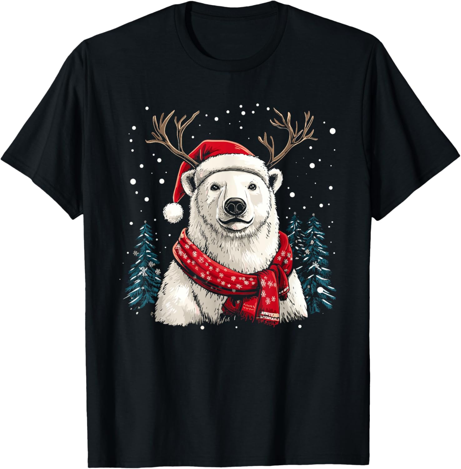 Polar Bear Reindeer Santa Hat Christmas Pajama Funny Xmas T-Shirt - T-Shirt | Black