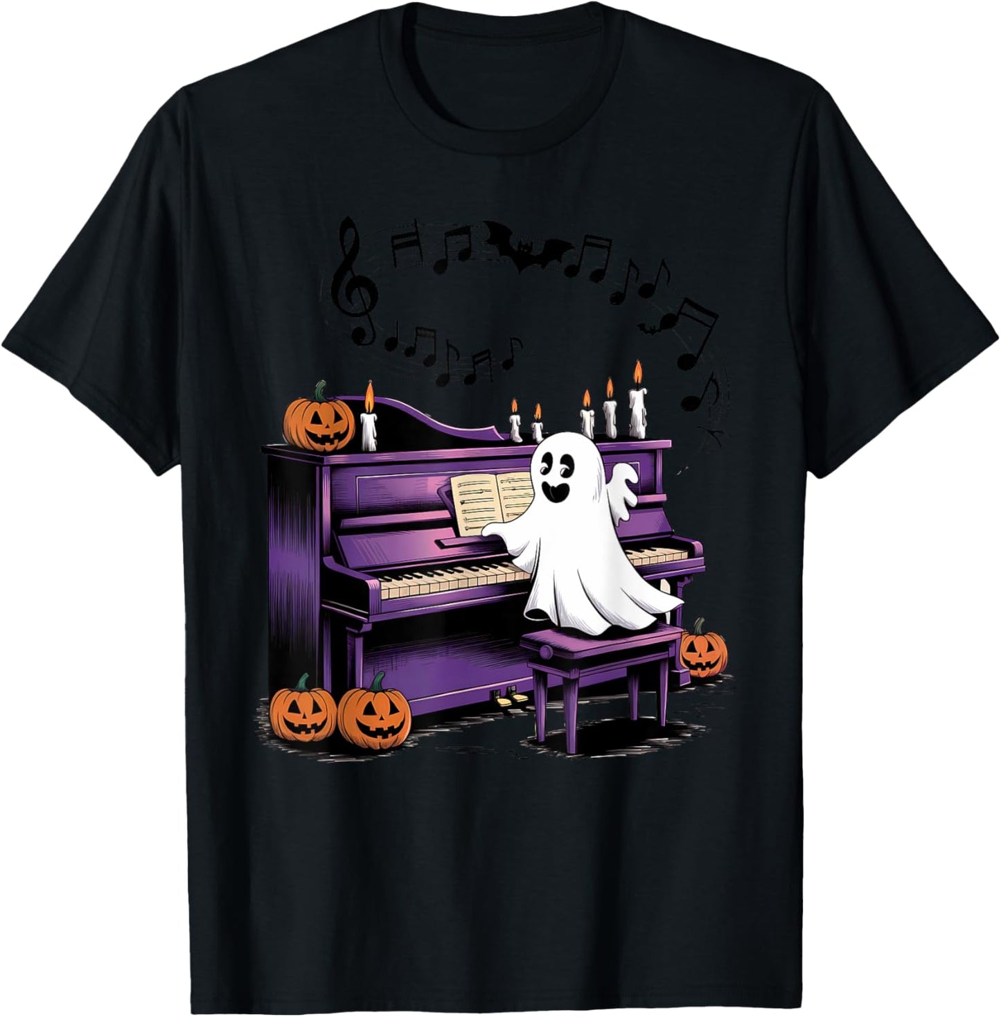 Spooky Halloween Ghost Playing Piano Pianist Musical Lovers T-Shirt - T-Shirt | Black