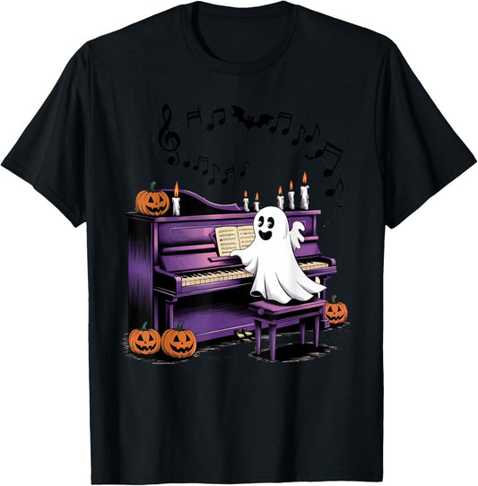 Spooky Halloween Ghost Playing Piano Pianist Musical Lovers T-Shirt - T-Shirt | Black