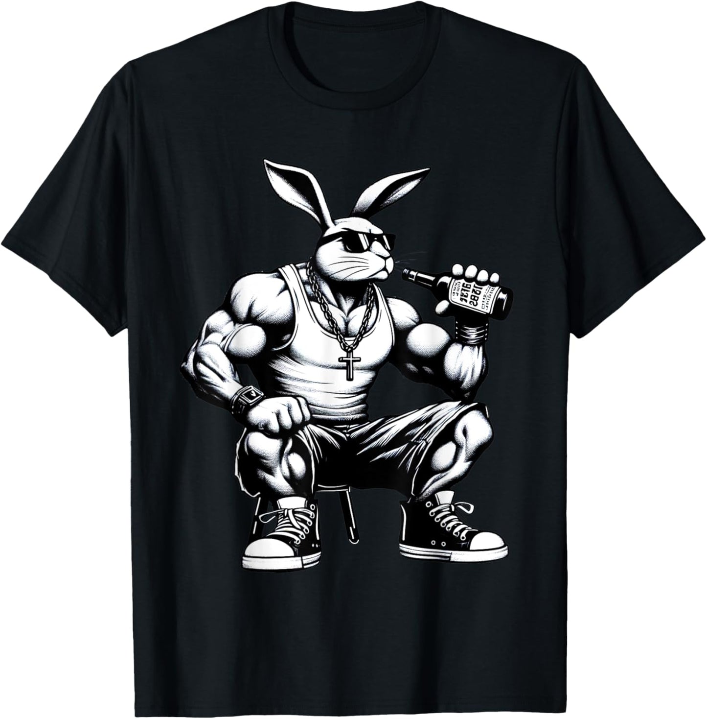 Thug Bunny Drinking Beer Muscles Gangster Rabbit Lovers Art T-Shirt - T-Shirt | Black