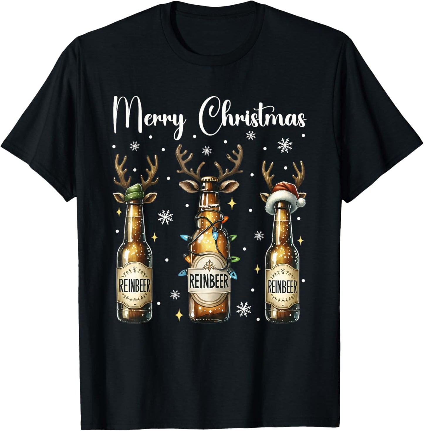 Christmas Pajamas Beer Gifts Christmas Lights Beer Bottles T-Shirt - T-Shirt | Black