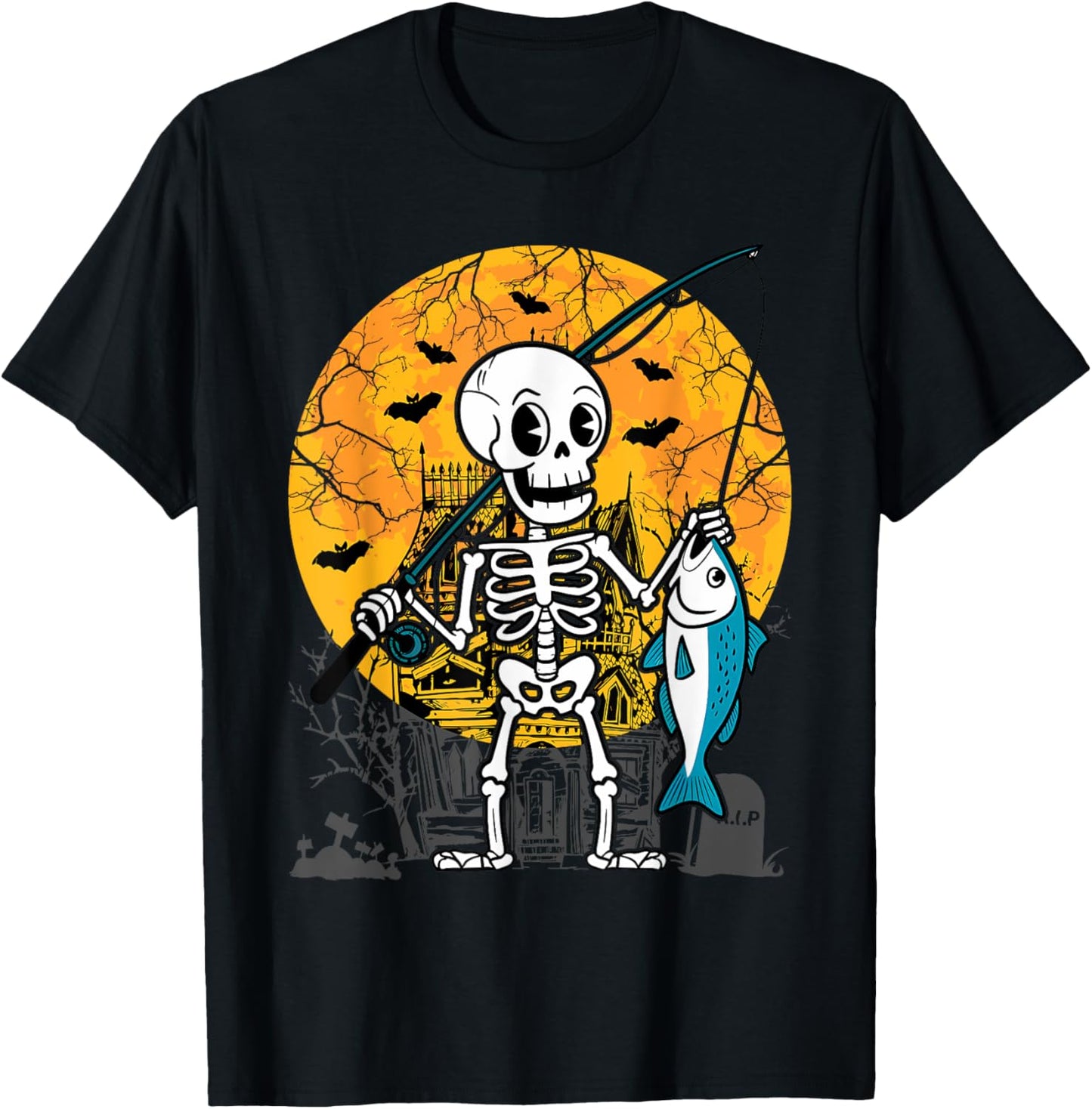 Halloween Skeleton Fishing Costume Fisherman Men Boys Kids T-Shirt - T-Shirt | Black