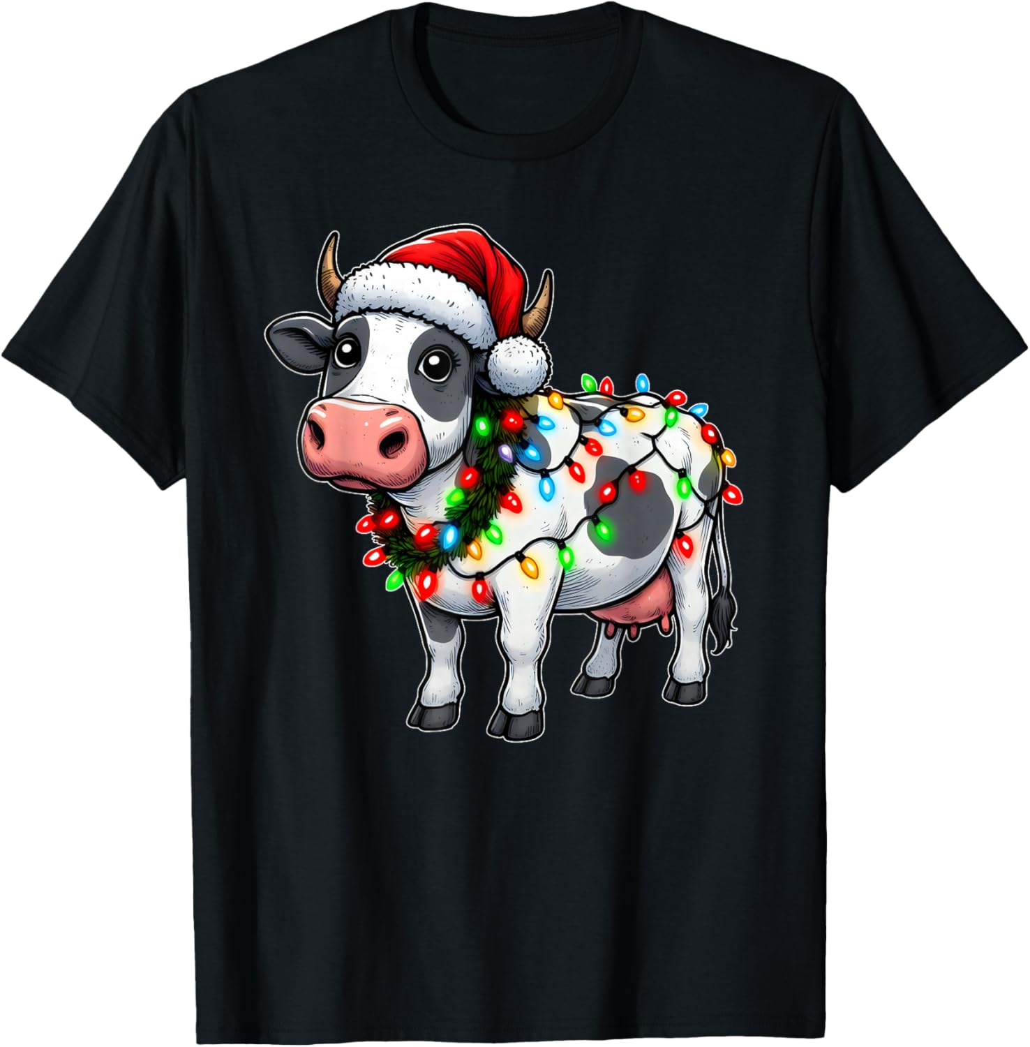 Merry Christmas Cow Santa Christmas Lights Cow Xmas Tree T-Shirt - T-Shirt | Black