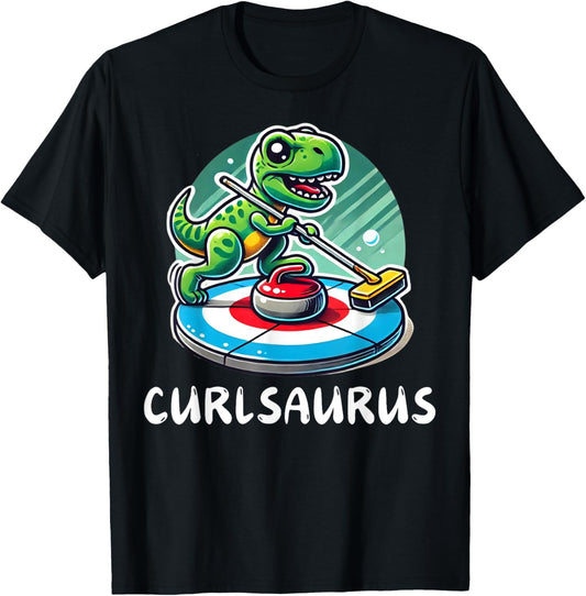 Curlsaurus T-Rex Dinosaur Funny Curling Curler T-Shirt - T-Shirt | Black