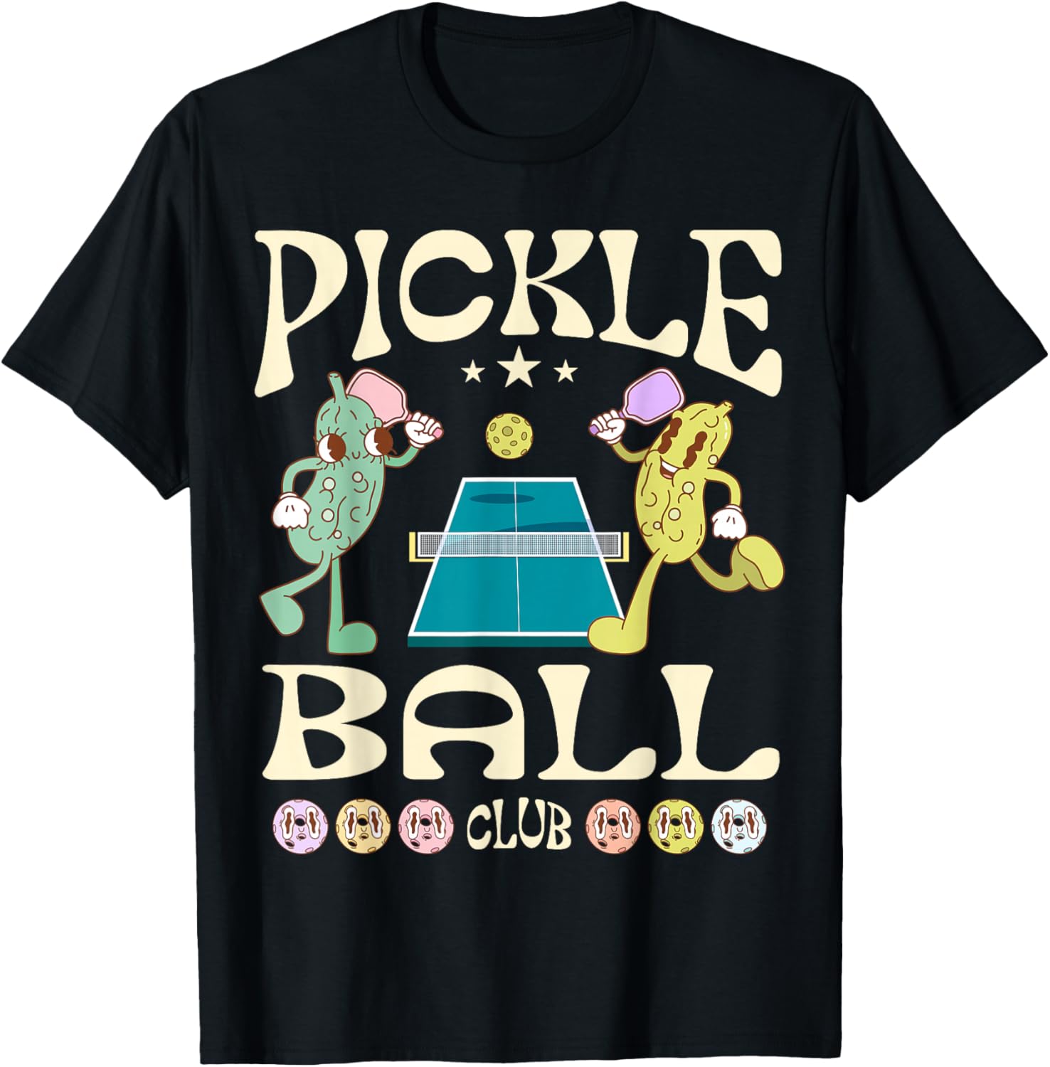 Pickleball Club Funny Pickle Playing Pickleball Groovy T-Shirt - T-Shirt | Black
