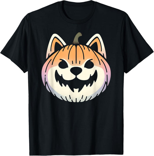 Spooky Shiba Inu Akita Dog Jack O Lantern Halloween Pumpkin T-Shirt - T-Shirt | Black