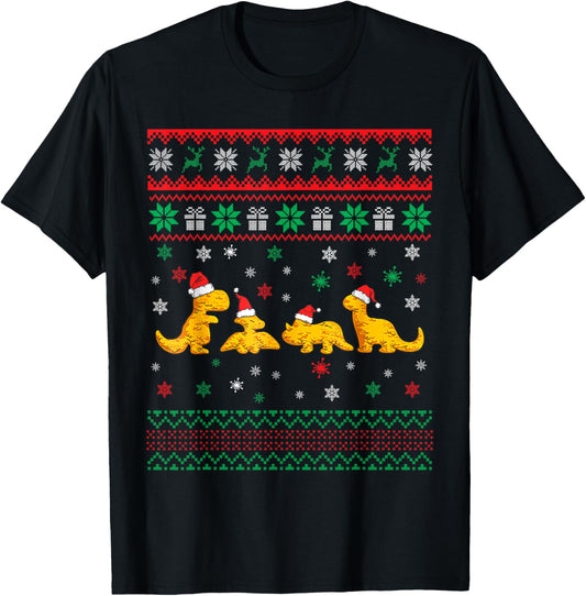Dinosaur Dino Chicken Nuggets Ugly Christmas Pajama Xmas T-Shirt - T-Shirt | Black