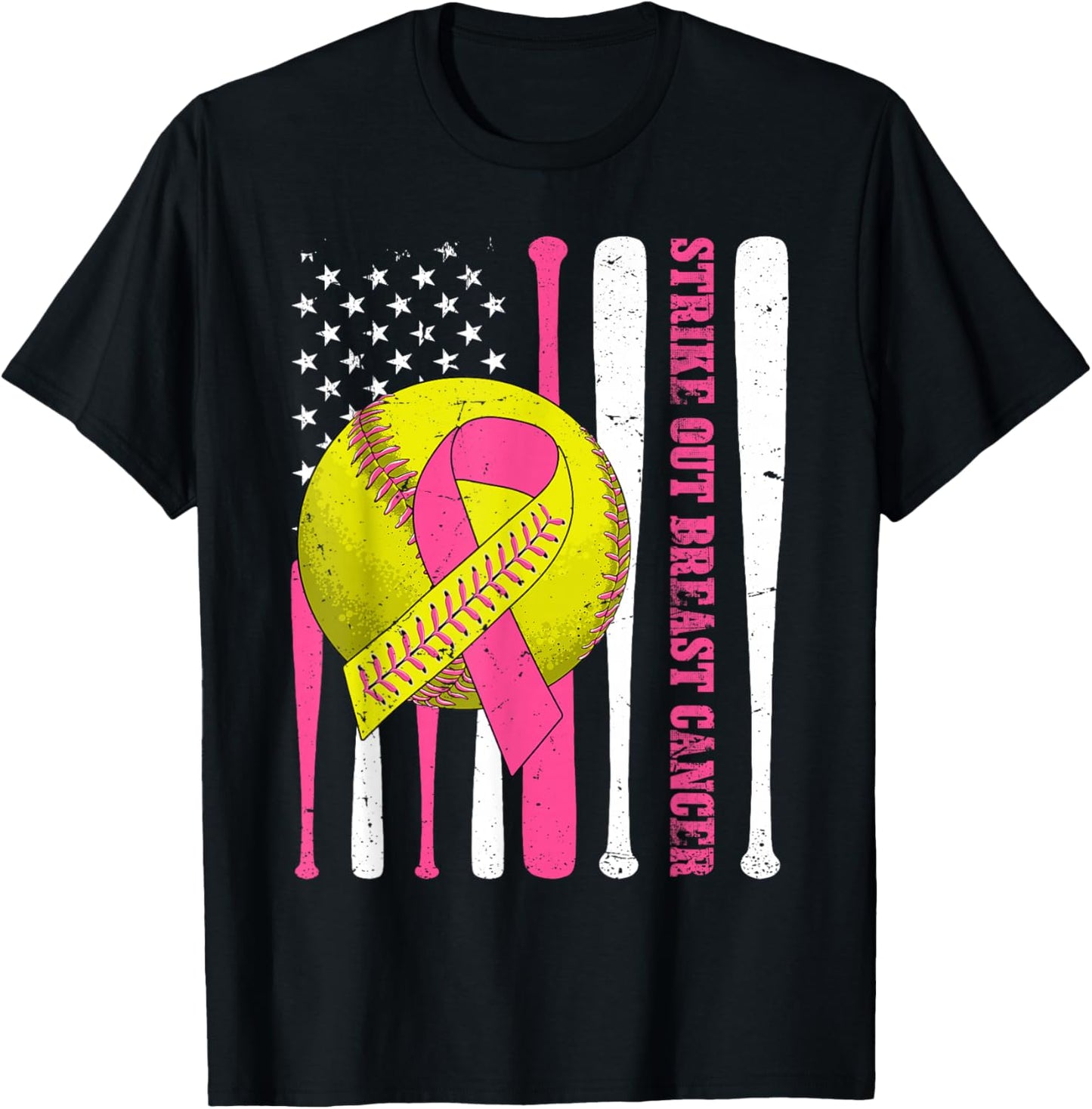 Strike Out Breast Cancer Softball American Flag Women Girls T-Shirt - T-Shirt | Black