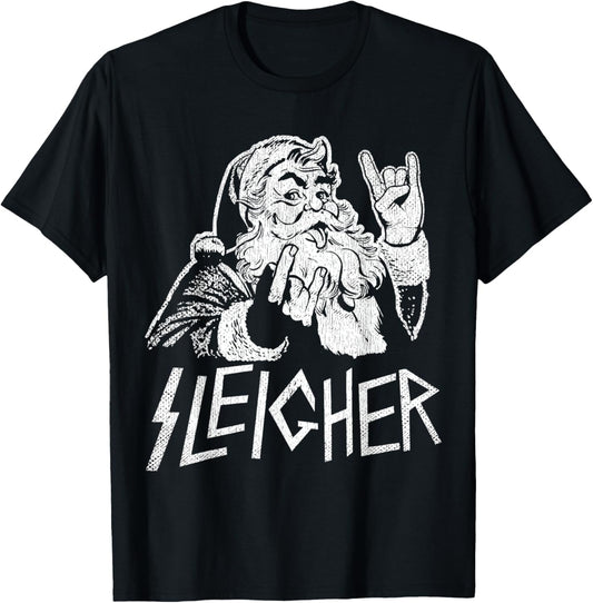 Sleigher Santa Claus Rock On Goth Heavy Metal Christmas T-Shirt - T-Shirt | Black