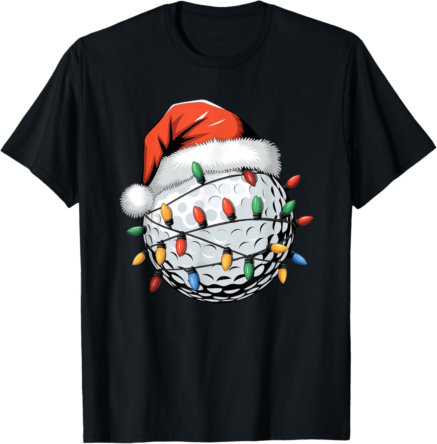 Christmas Golf Ball Santa Hat Lights Gift Golfers T-Shirt - T-Shirt | Black
