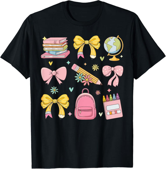 Coquette Bow Pencil Teacher Back To School Appreciation T-Shirt - T-Shirt | Black