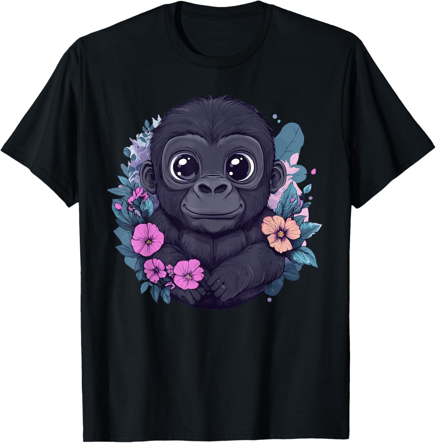 Adorable Baby Gorilla Surrounded By Flowers T-Shirt - T-Shirt | Black