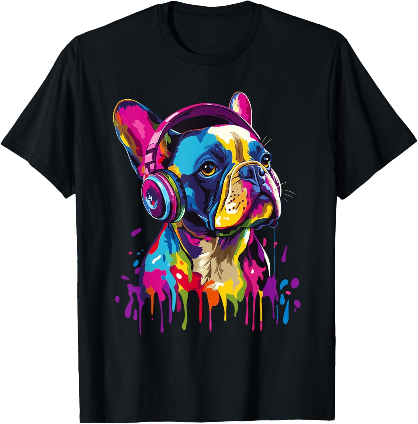 French Bulldog Lover Headphones Pop Art Funny French Bulldog T-Shirt - T-Shirt | Black