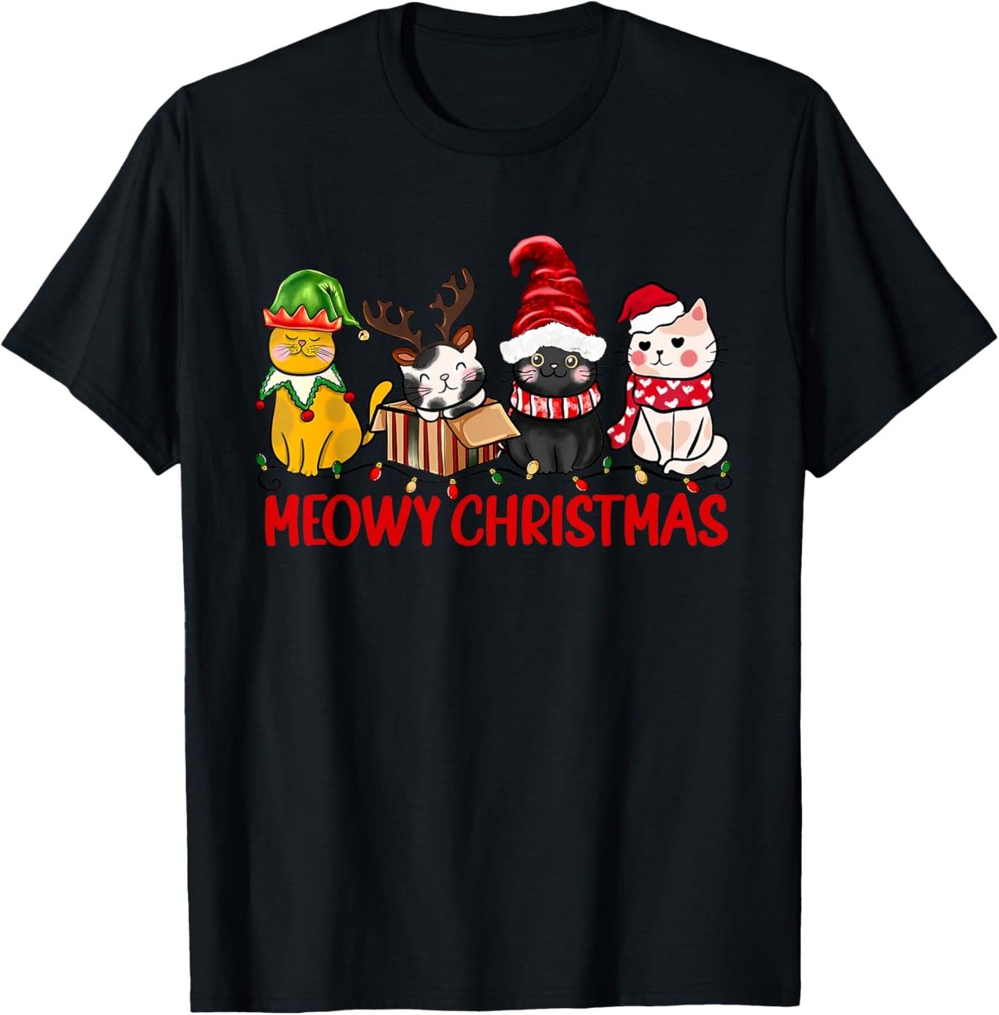 Funny Christmas Cats - Cute Kitten Cats Santa Hat Xmas T-Shirt - T-Shirt | Black