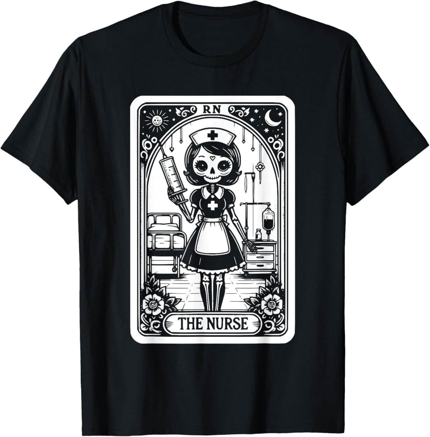 Funny Spooky Skeleton RN Nurse The Nurse Tarot Card Nursing T-Shirt - T-Shirt | Black