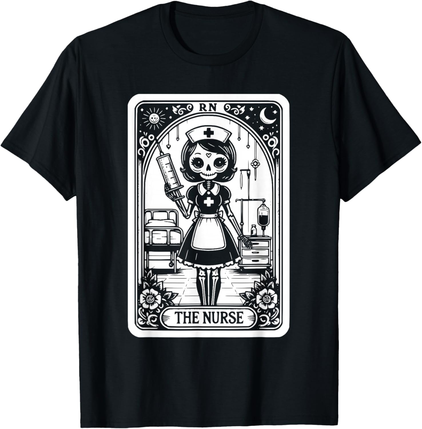 Funny Spooky Skeleton RN Nurse The Nurse Tarot Card Nursing T-Shirt - T-Shirt | Black