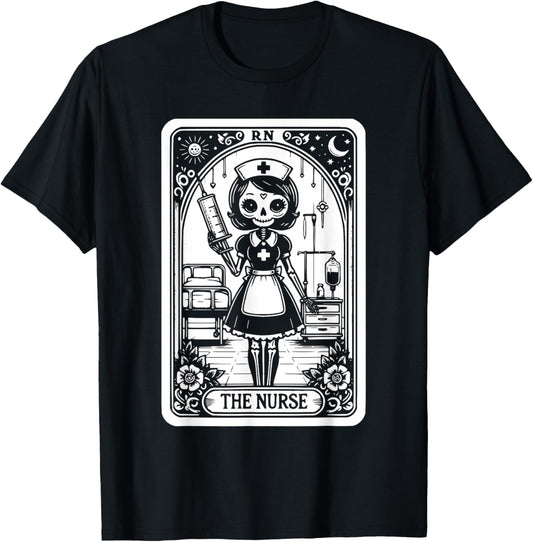 Funny Spooky Skeleton RN Nurse The Nurse Tarot Card Nursing T-Shirt - T-Shirt | Black
