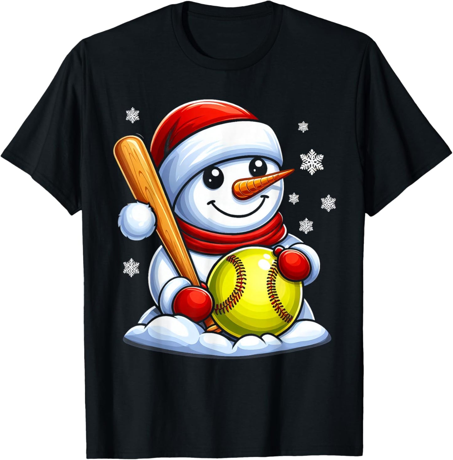 Softball Snowman Santa Hat Christmas Xmas Boys Girls Kids T-Shirt - T-Shirt | Black