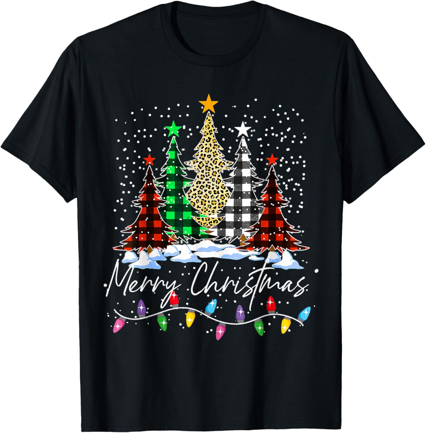 Merry Christmas Trees With Buffalo Red Plaid Leopard Xmas T-Shirt - T-Shirt | Black
