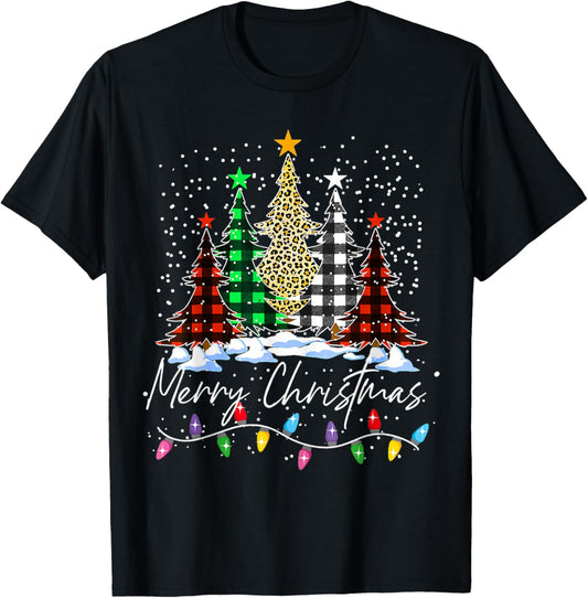 Merry Christmas Trees With Buffalo Red Plaid Leopard Xmas T-Shirt - T-Shirt | Black
