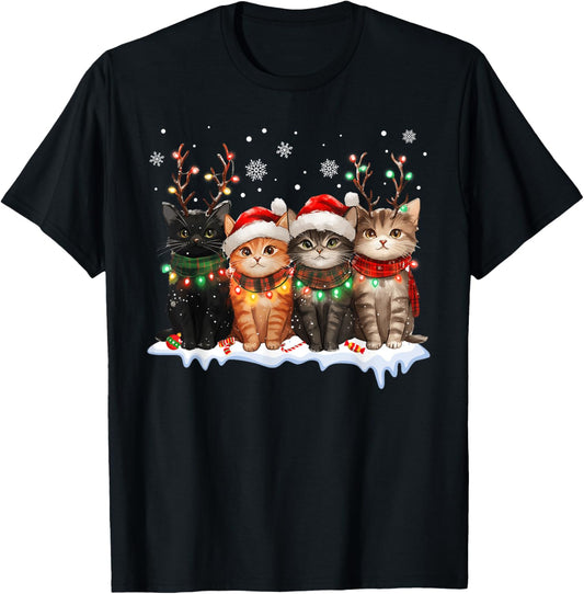 Cat Christmas Light Reindeer Santa Christmas Cat Lover Women Kids T-Shirt - T-Shirt | Black