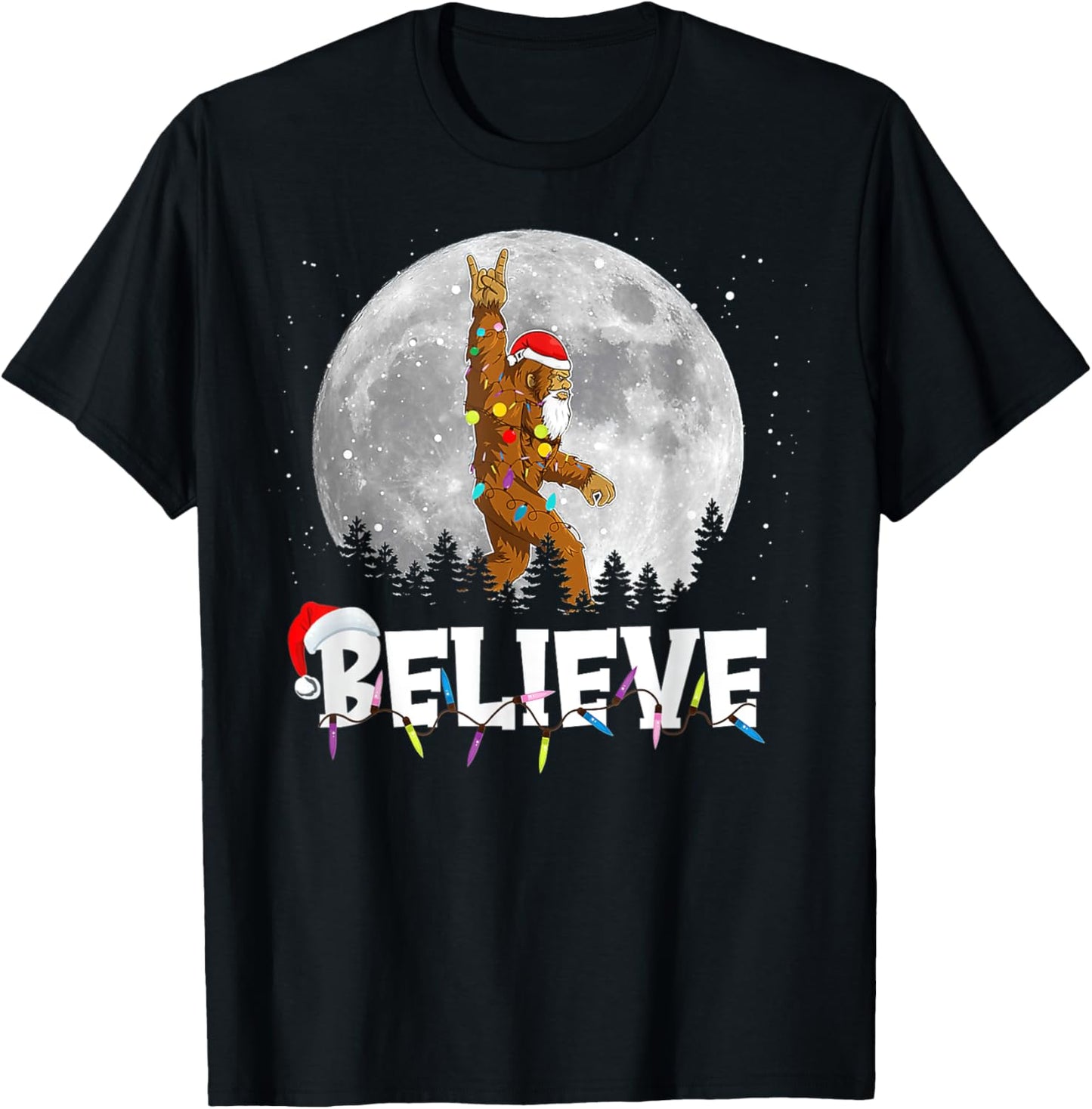 Santa Bigfoot Christmas Light Funny Sasquatch Believe Xmas T-Shirt - T-Shirt | Black