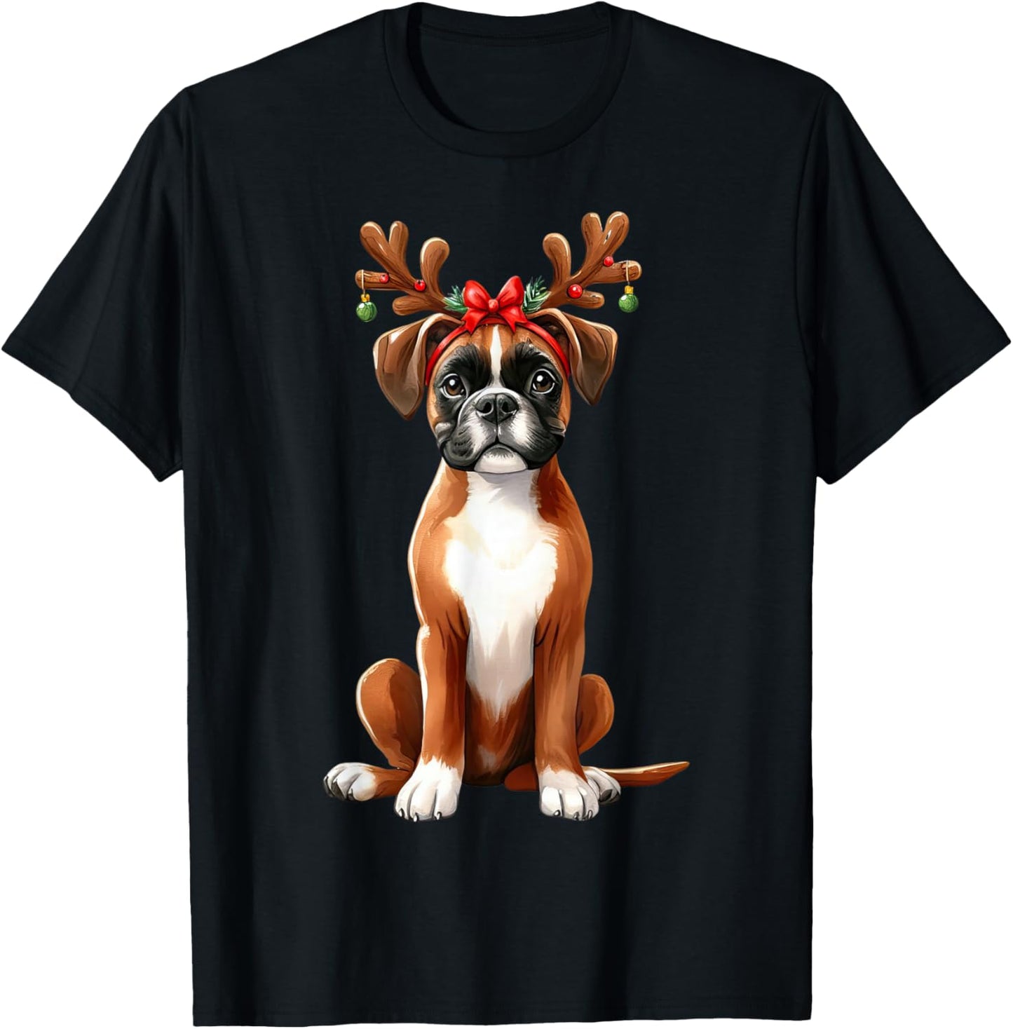 Boxer Reindeer Santa Hat Xmas Lights Christmas Xmas Dog Men Women T-Shirt - T-Shirt | Black