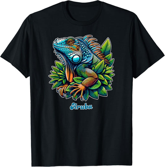 Utopia Sport Aruba Shop Colorful Iguana - Adult, Small, Black, Short Sleeve, Tropical, Classic Fit, Polyester 100% T-Shirt - T-Shirt | Black